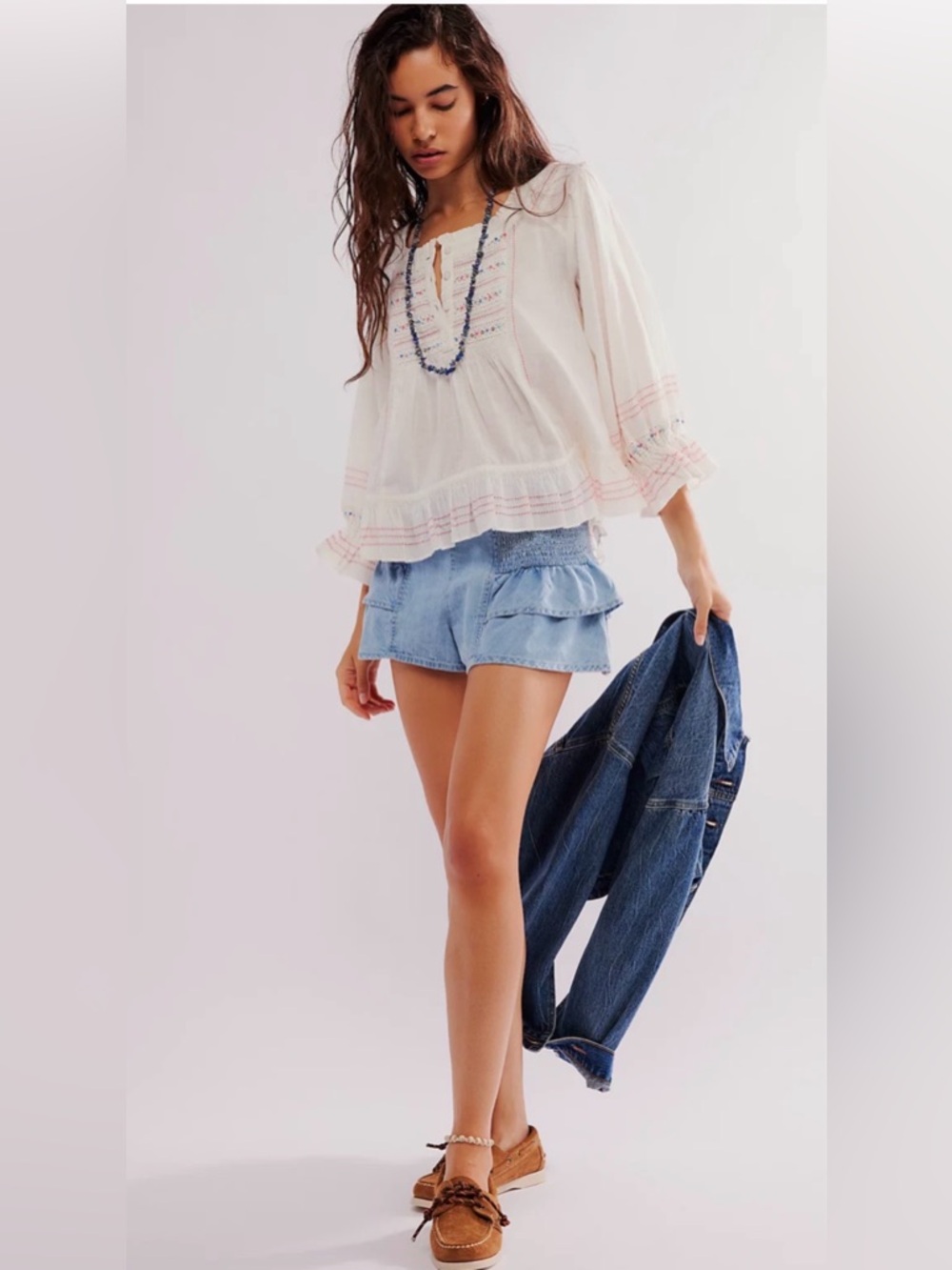 Free People “Ready For You” Ivory Peasant-style Embroidered 100% Cotton Blouse - Picture 11 of 12